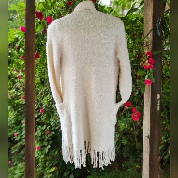 MinKas Cozy and Fuzzy Cream Open Front Long Fringed Cardigan Sweater - Picture 3 of 8